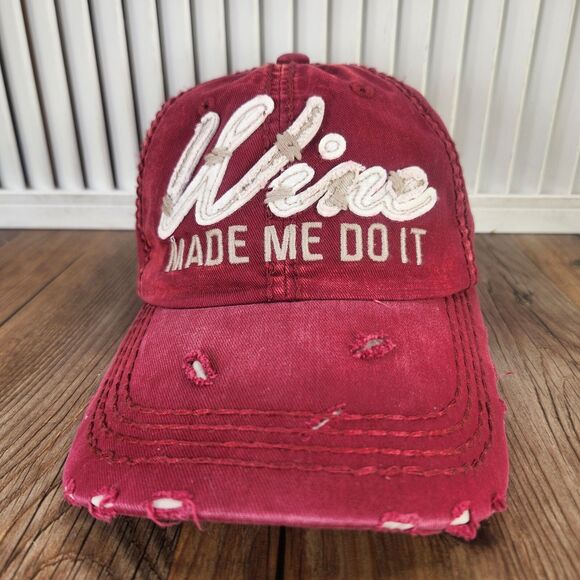 Kbethos "Wine Made Me Do It" Distressed Strapback Hat Cap Red Canvas Embroidered - Picture 2 of 11